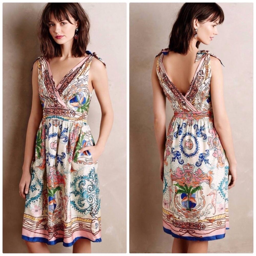 Anthropologie x Collette Dinnigan Tied Shoulder Acionna Silk Art Dress‎ Size 4